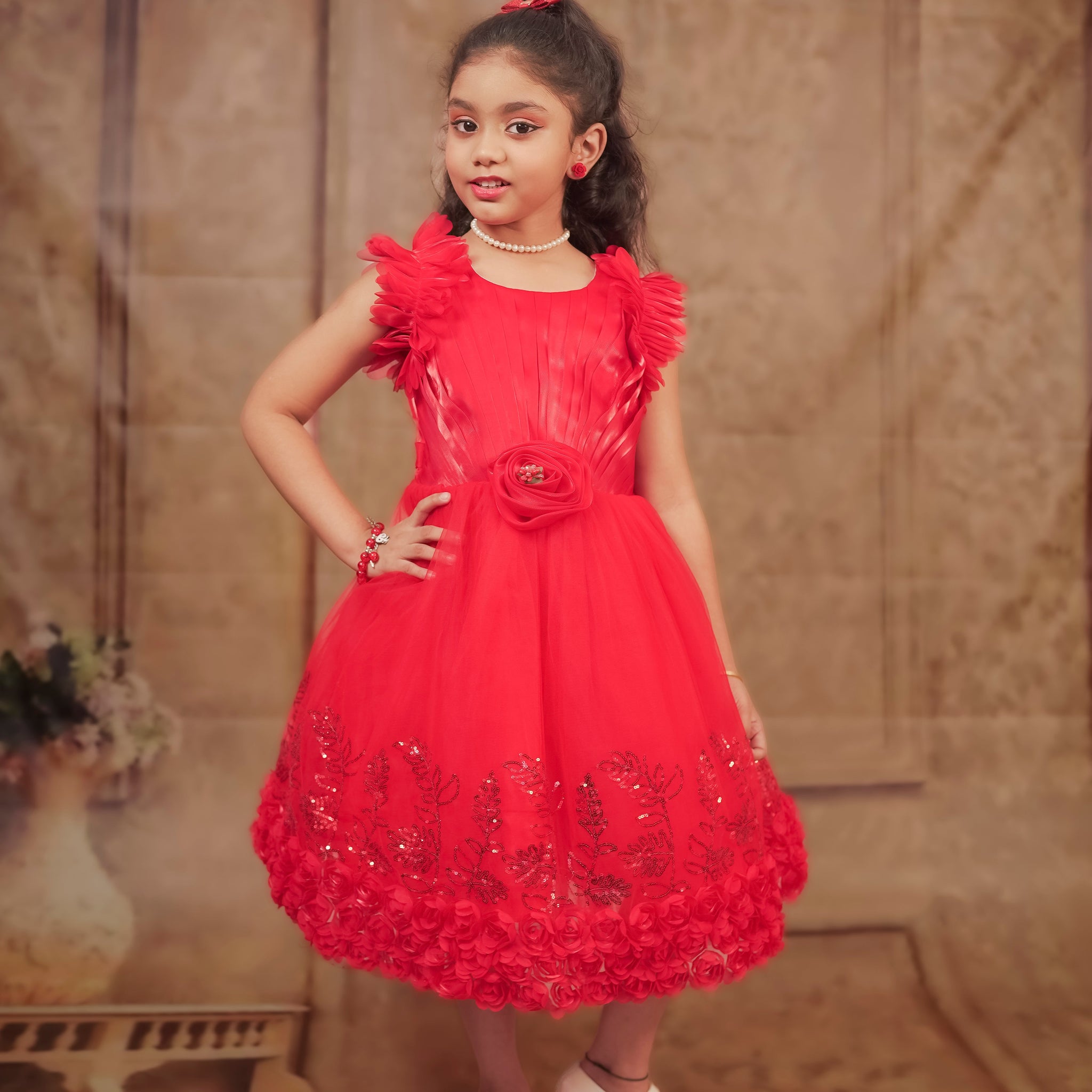 Pariari Girls Red Rose Floral Party Frock