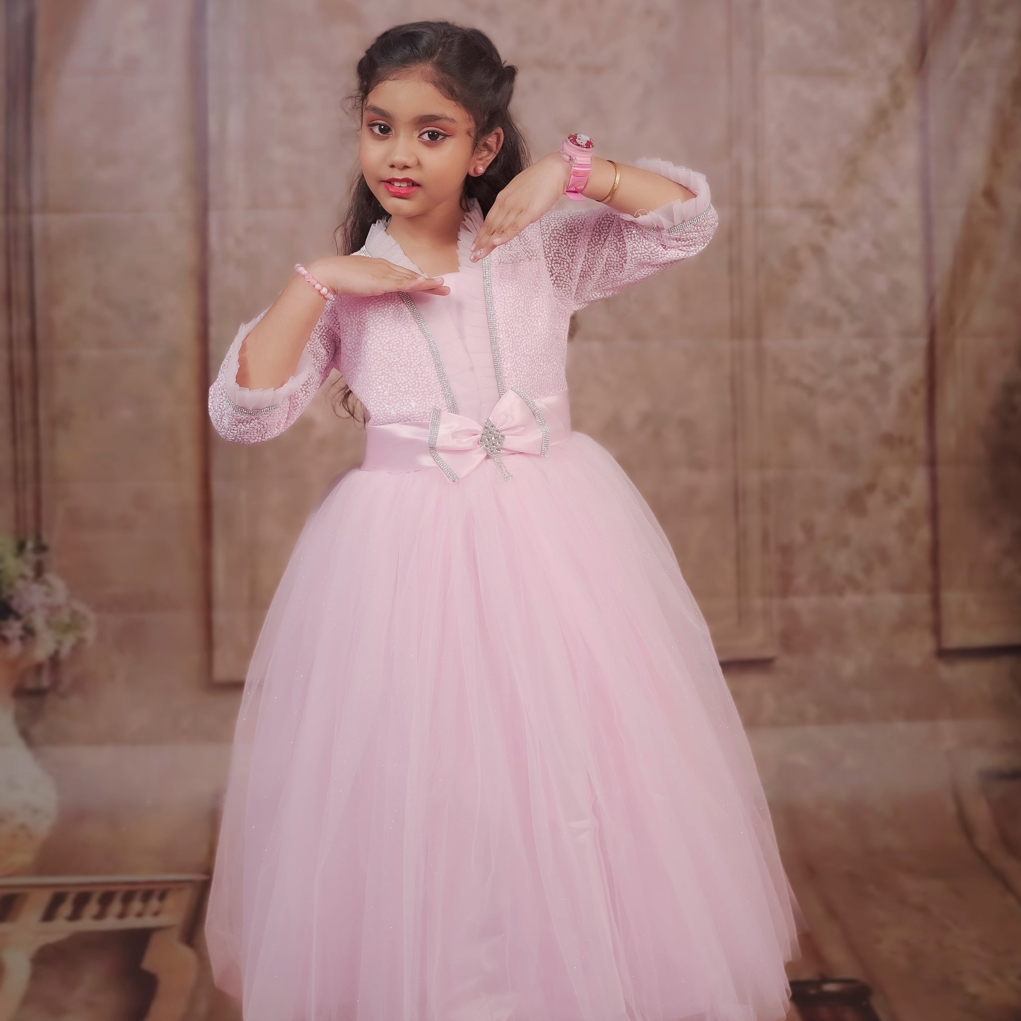 Pariari Girls Royale Graceful Full-Length Gown with Crystal Trim and Satin Bow Charm