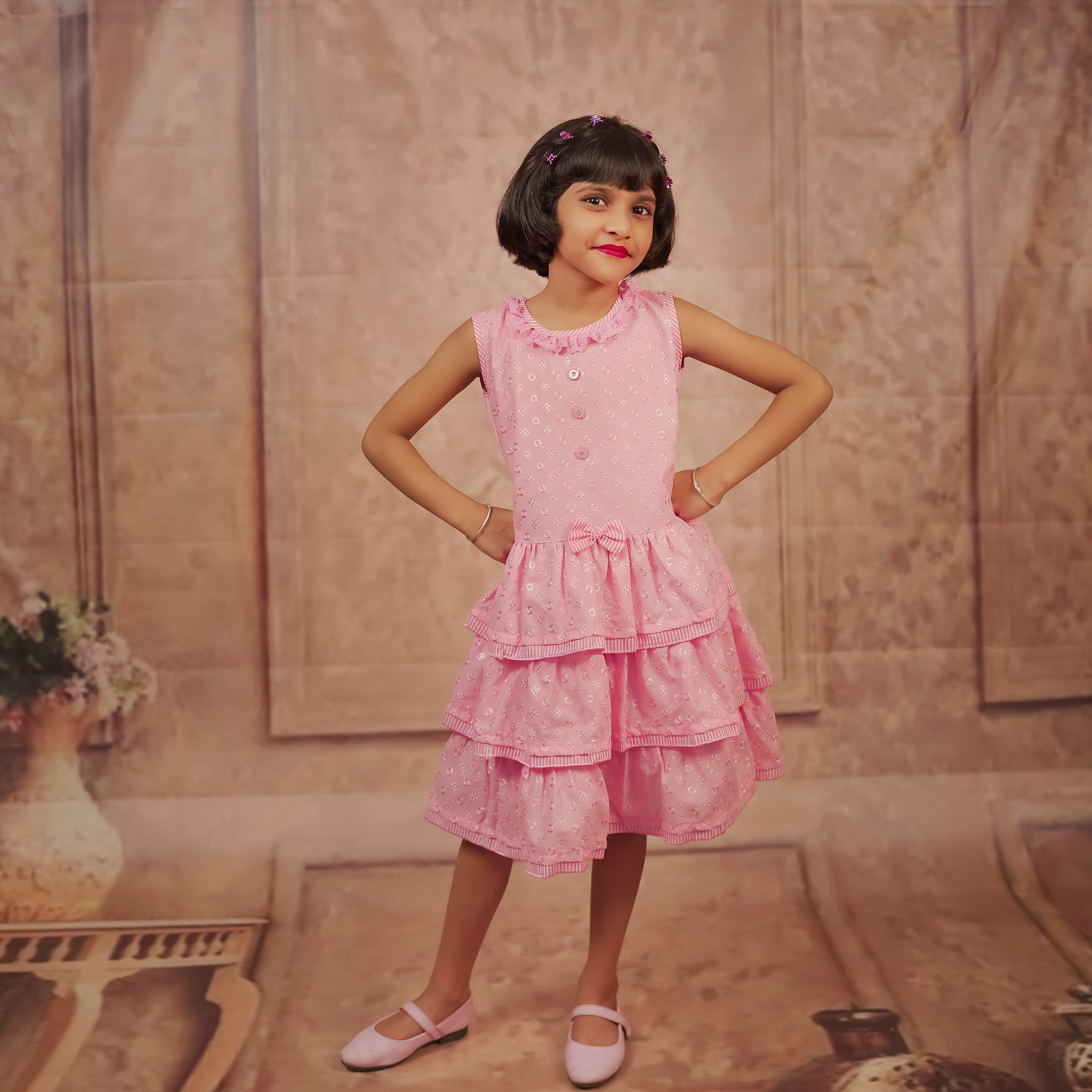 Pariari Girls Sleeveless Pink Layered Ruffle Cotton Frock with Embroidery